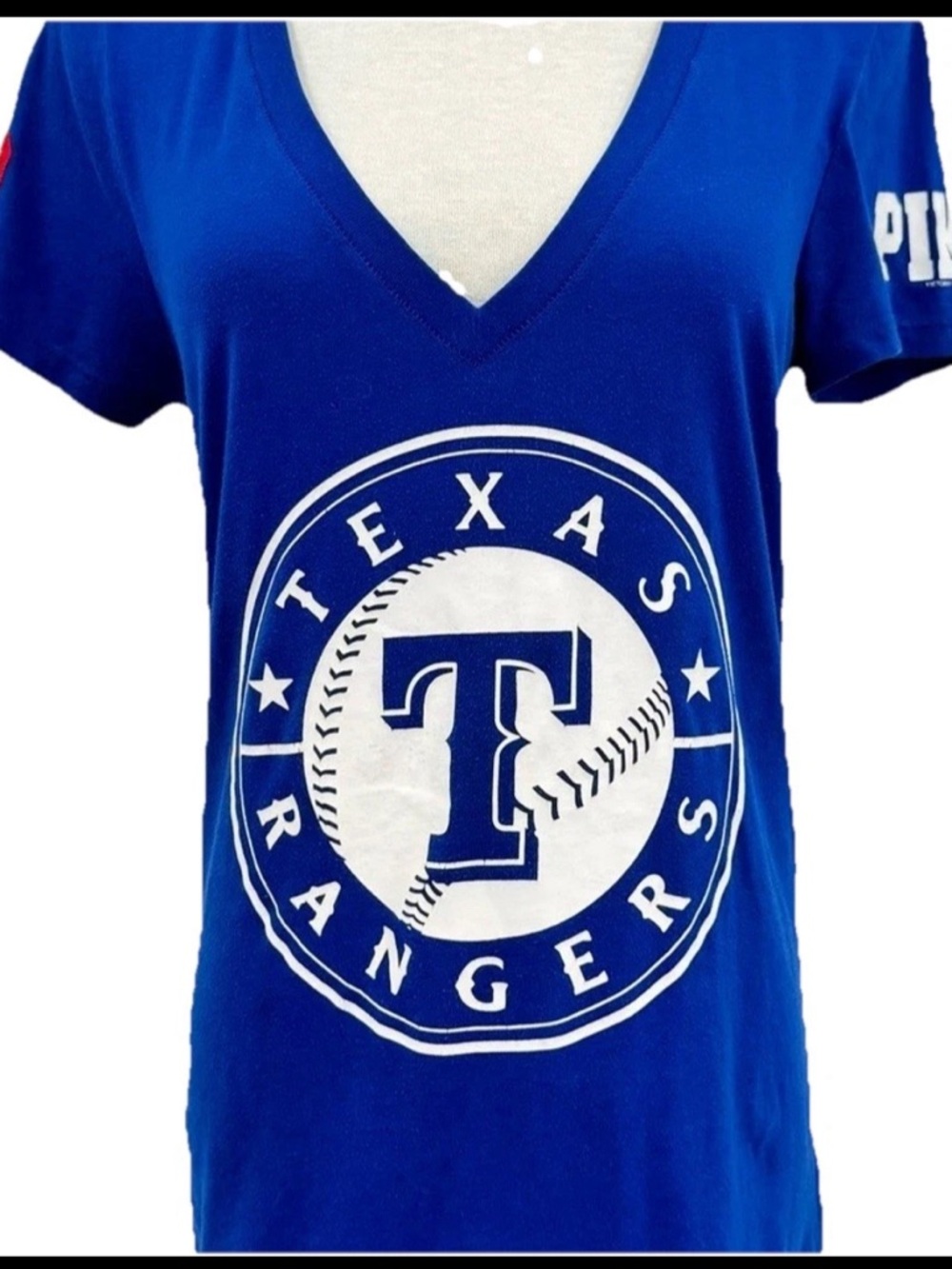 Victoria Secret PINK TEXAS RANGERS MLB Blue V Neck Tee Short Sleeve Shirt Small
